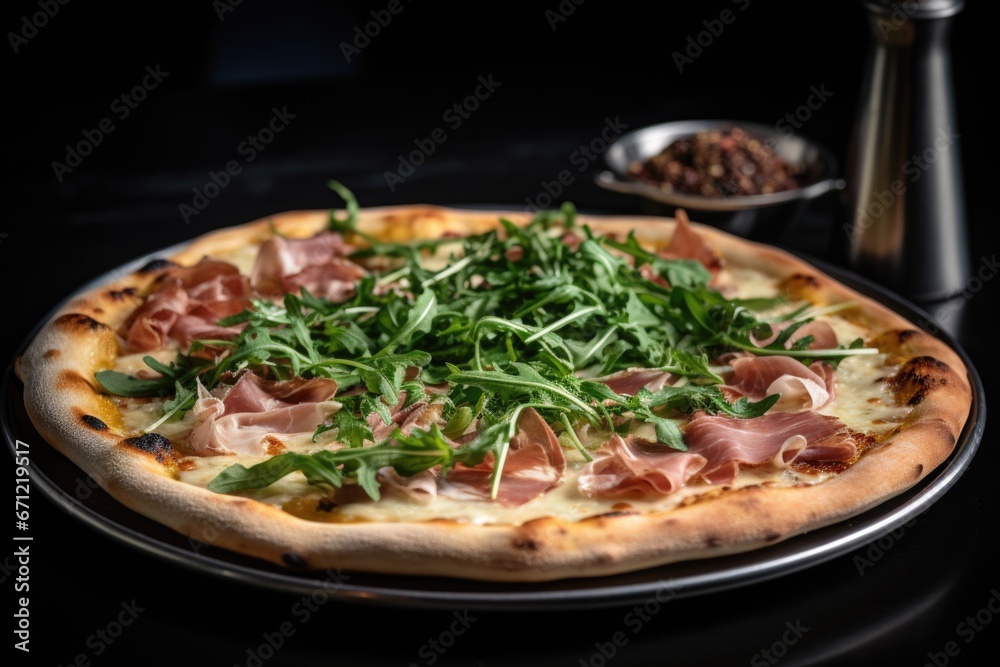 Set on a marble surface gourmet pizza. Featuring a thin crust, fresh mozzarella, Prosciutto di Parma, and a crown of arugula, all delicately enhanced by a truffle oil drizzle.