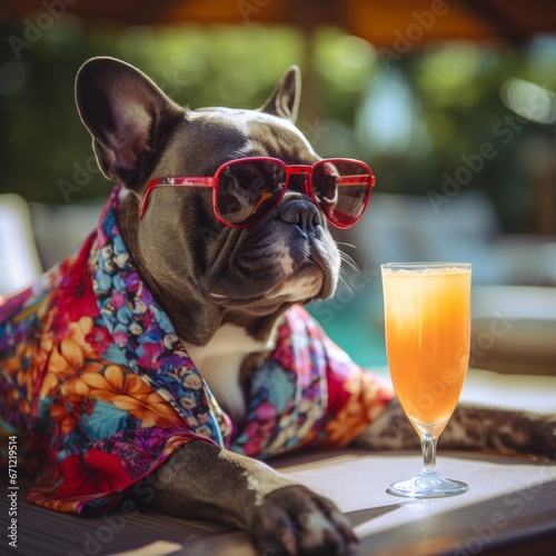 An elegant French Bulldog dressed in quirky sunglasses and a lively floral Hawaiian shirt. © Artur