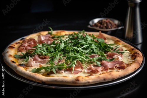 Set on a marble surface gourmet pizza. Featuring a thin crust, fresh mozzarella, Prosciutto di Parma, and a crown of arugula, all delicately enhanced by a truffle oil drizzle.