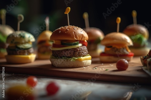 Miniature burgers sliders with beef putties and fresh vegetables.