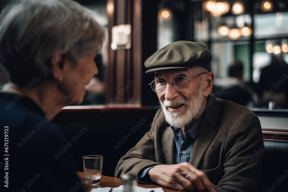An older couple sitting at a cafe, engaged in an animated conversation and enjoying each other's company. The ambient light and natural expressions capture the depth of their connection.