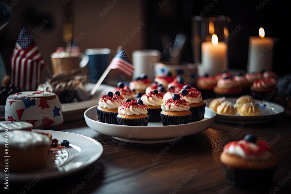 USA Independence Day. Festive desserts. Flag-shaped cakes and colorful cupcakes. Culinary delights associated with the holiday. Generative AI.