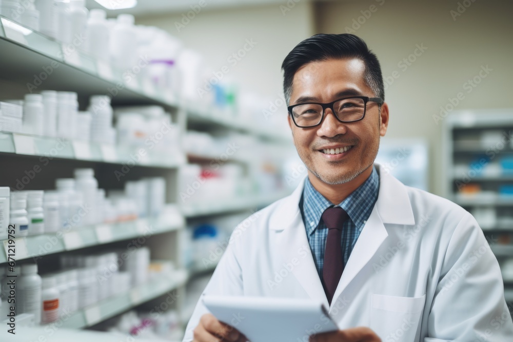 A portrait of an Asian American pharmacist wearing a lab coat, exuding professionalism and expertise, taken in a pharmacy, emphasizing the essential role of pharmacists in healthcare.