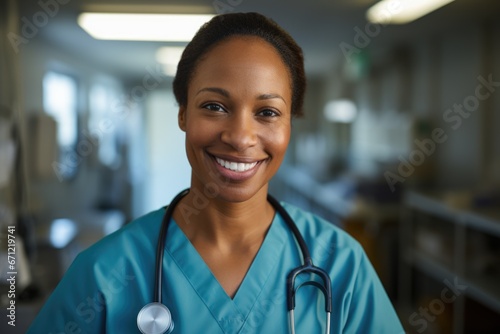 A portrait of a dedicated nurse in full uniform, looking confidently into the camera with a warm smile, showcasing the compassionate care provided by healthcare workers. photo