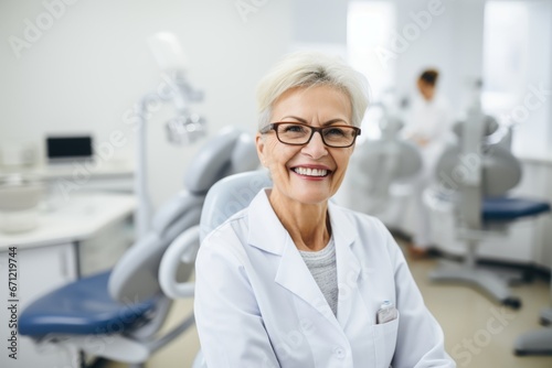 A middle age woman dentist in a medical office with an equipment, wearing white coat, with a caring and empathetic expression, showcasing her dedication to patient care.