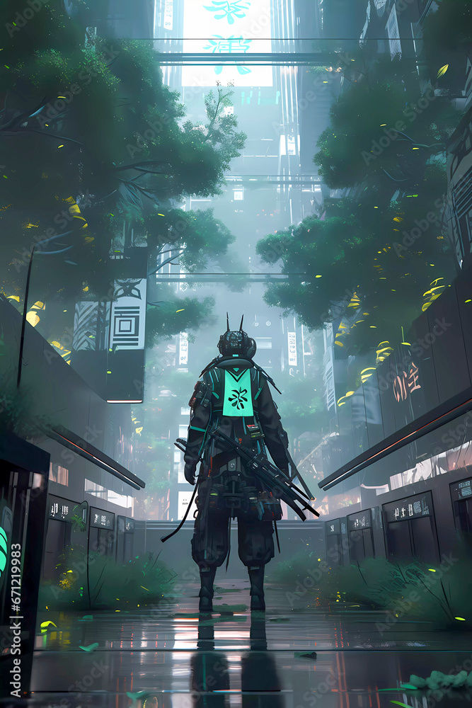 Anime Cyberpunk Samurai, solarpunk warrior, Generative AI
