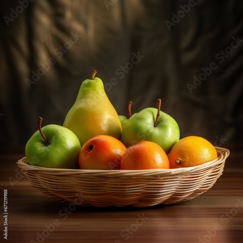 An arrangement of an orange apple and a green pear graces the wooden fruit basket.