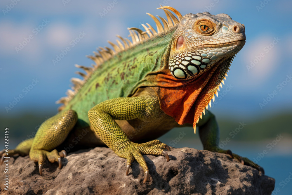 A pet iguana on a rock, focus on the skin and eyes A pet iguana on a rock, focus on the skin and eyes