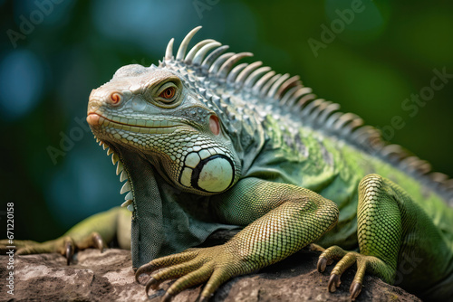 A pet iguana on a rock  focus on the skin and eyes