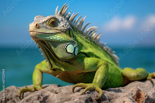 A pet iguana on a rock, focus on the skin and eyes © Nino Lavrenkova