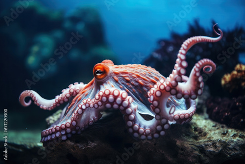 A pet octopus in an aquarium, focus on the tentacles and colors