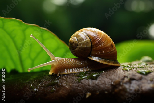 A pet snail on a leaf, focus on the trail and texture, macro lens