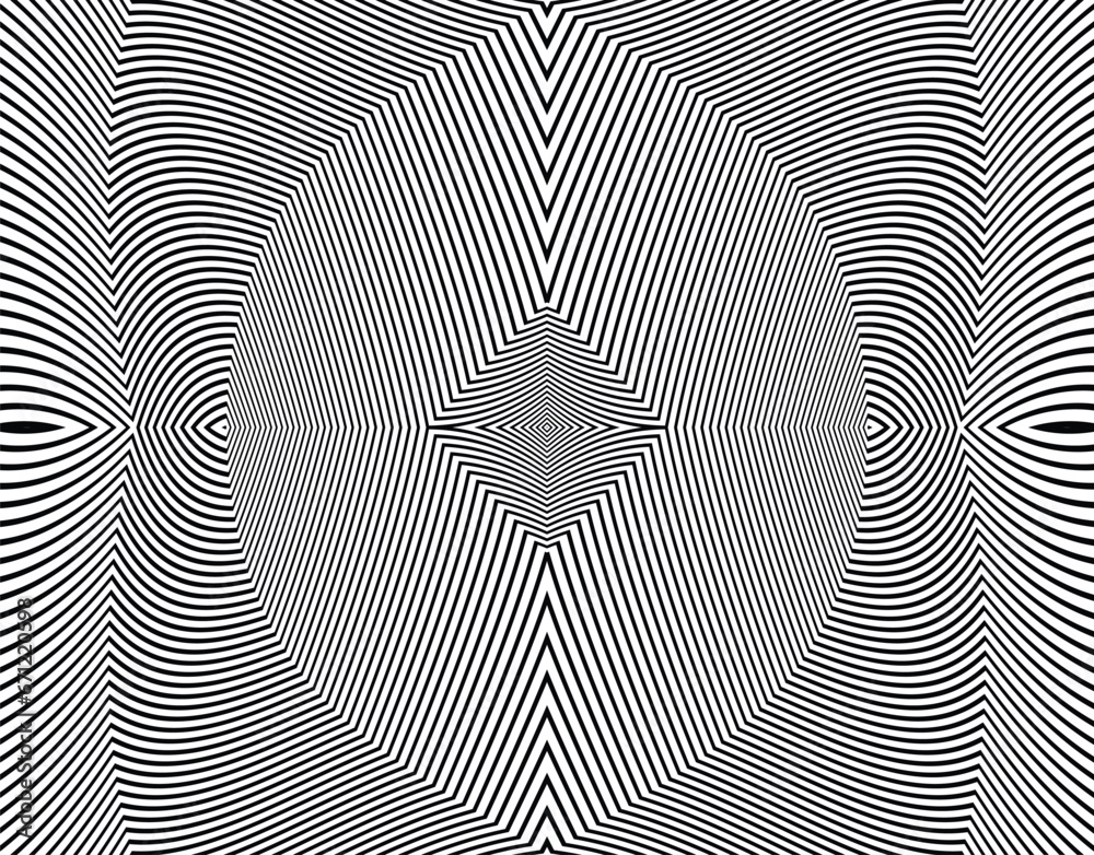  Line art optical art. Psychedelic background. Monochrome background. Optical illusion style. Black dark background. Modern pattern. Abstract graphic texture. Graphic ornament