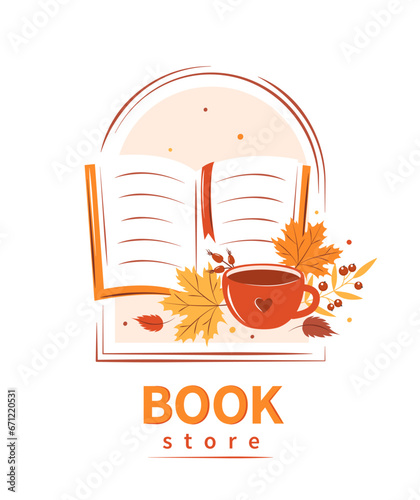 Book store. Layout design for bookstore, library, sale in bookshop. Books with autumn bright leaves. Vector illustration