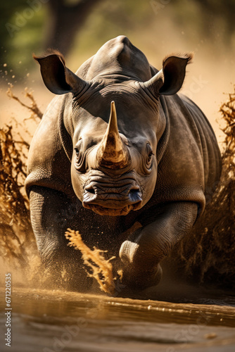 A rhino charging, action shot, high-speed photography. Vertical photo