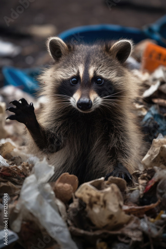 A raccoon rummaging through trash, focus on the paws and expression. Vertical photo