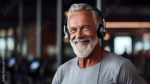 elderly person in the gym in a relaxing position while listening to relaxing music in a beautiful sunset, IA Generative AI