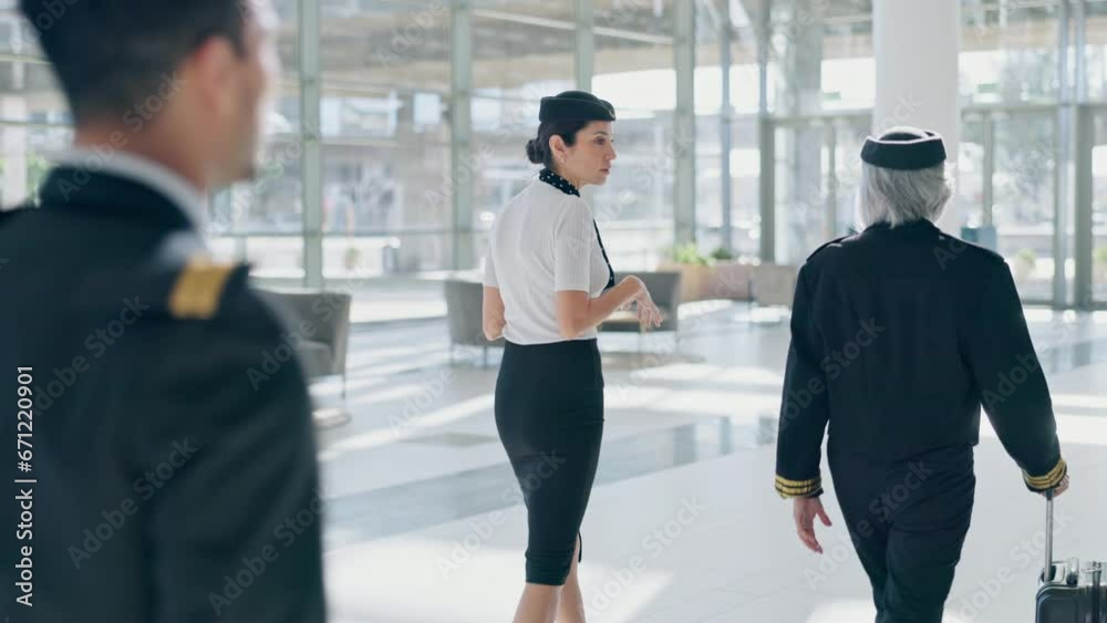 Travel, pilot and journey with people in airport for flight, transportation and teamwork. Air hostess, luggage and stewardess at global terminal and professional airplane crew and boarding together Travel, pilot and journey with people in airport for flight, transportation and teamwork. Air hostess, luggage and stewardess at global terminal and professional airplane crew and boarding together