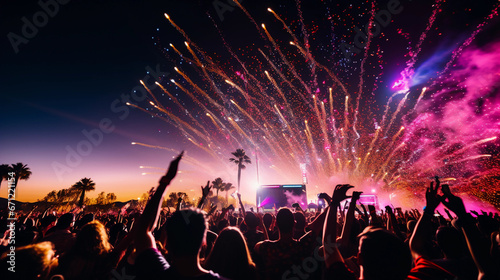 Euphoric Coachella crowd, flower crowns, colorful flags, laser show, silhouettes dancing