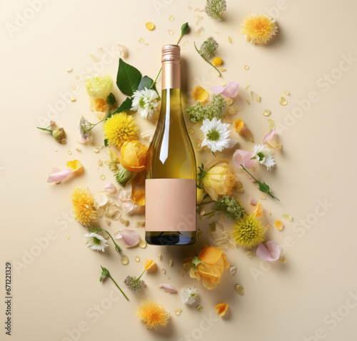 A bottle of wine in flowers, on a yellow  background in pastel colors. Top view with a meta for text. Advertising photo.