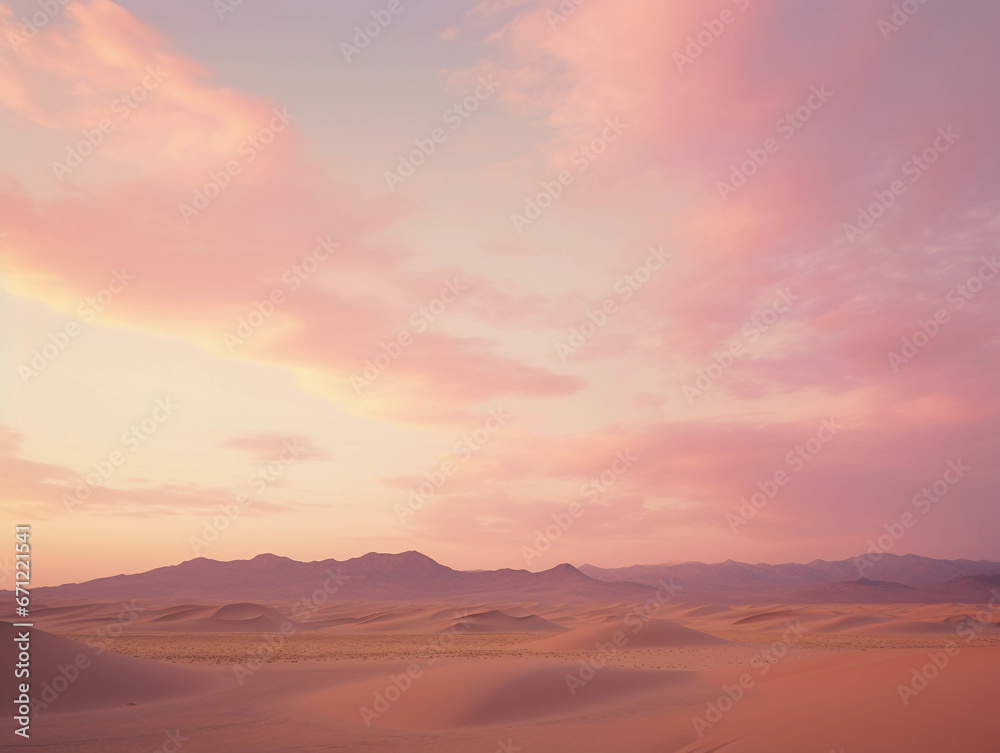 Muted pastel palette of desert sunset, blending sky with sand, soft gradient, romantic and tranquil - obrazy, fototapety, plakaty 