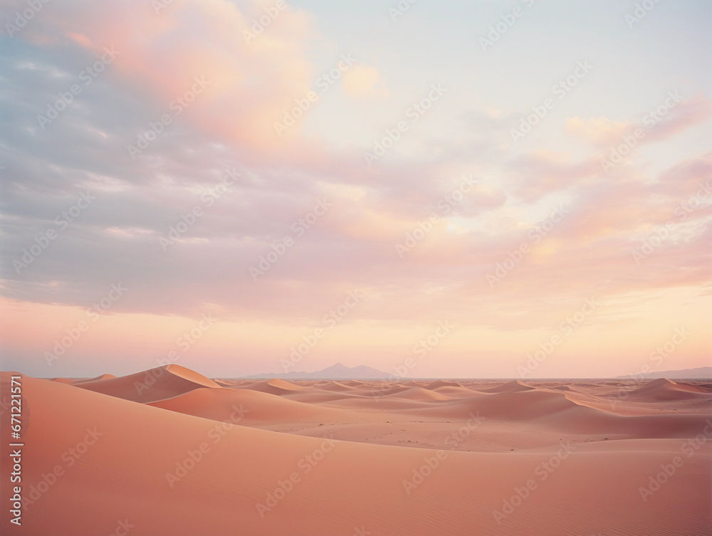 Obraz premium Muted pastel palette of desert sunset, blending sky with sand, soft gradient, romantic and tranquil