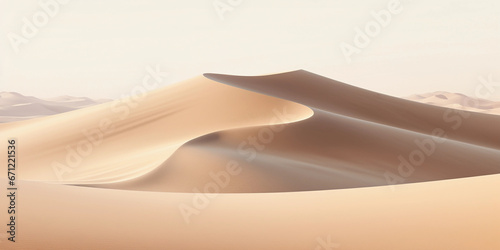 Minimalistic Sahara landscape  sand dunes with razor-sharp crests  long focal length for compressed perspective