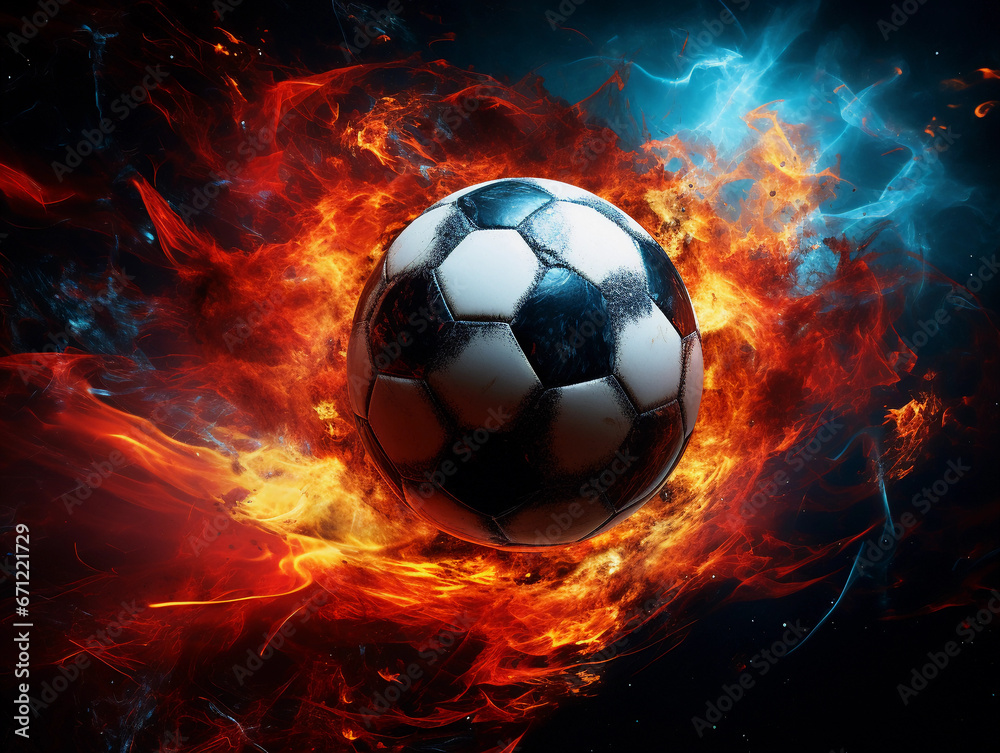 Naklejka premium Soccer ball morphing into a black hole, pulling in energy, vibrant nebula, intense and surreal