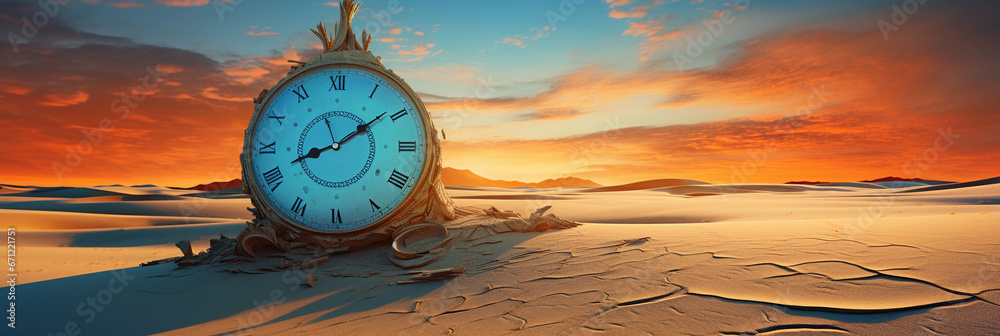 Surreal desert scene, giant clock melting over a sand dune, twisting ...