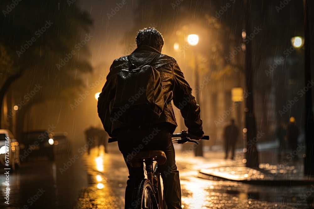 Fototapeta premium Cyclist riding through city streets at rainy evening.