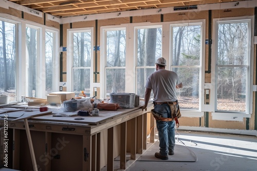 A construction worker mason in the ongoing remodeling of a spacious kitchen with windows to the outside.  photo