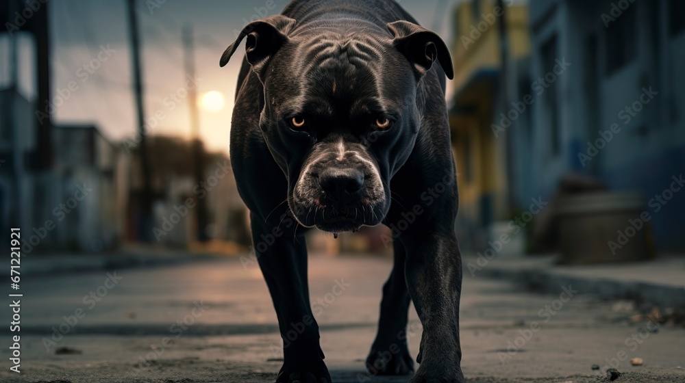 Angry big dog on a dark city street. Generation AI