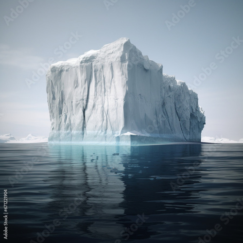 Iceberg side view at sea level, showing main part submerged below sea surface and small part above 