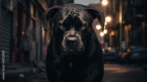 Angry big dog on a dark city street. Generation AI photo