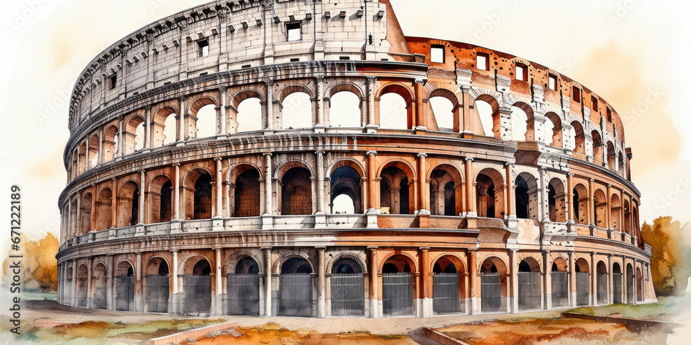 Watercolor drawing of the coliseum in Rome. Generative AI.