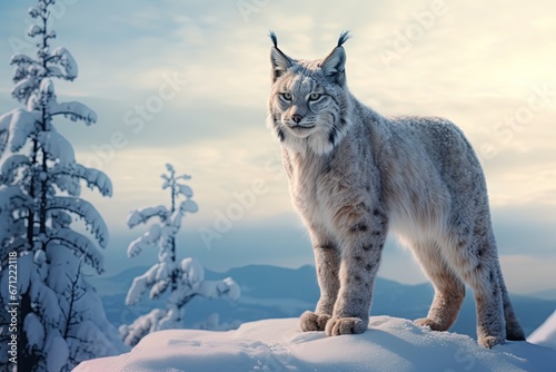 Lynx prowls through the snowy landscape.