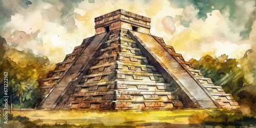 Watercolor drawing of the Chichen Itza monument of the Mayans. Generative AI. photo