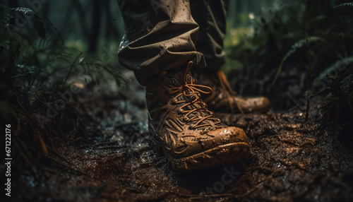 One person hiking in the forest with dirty hiking boots generated by AI
