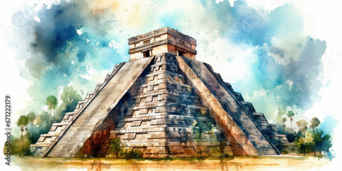 Watercolor drawing of the Chichen Itza monument of the Mayans. Generative AI. photo