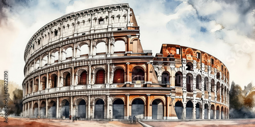 Canvastavla Watercolor drawing of the coliseum in Rome. Generative AI.