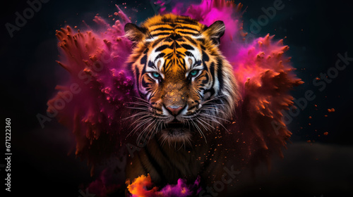 tiger in colorful powder paint explosion  dynamic