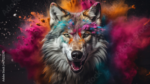 wolf in colorful powder paint explosion, dynamic