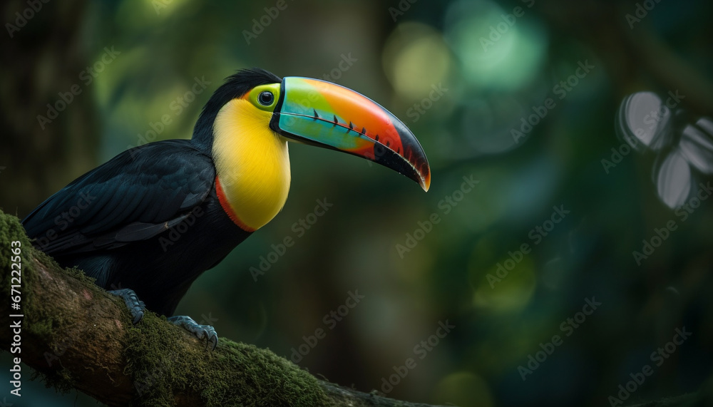 Naklejka premium The vibrant toucan perches on a green branch in nature generated by AI