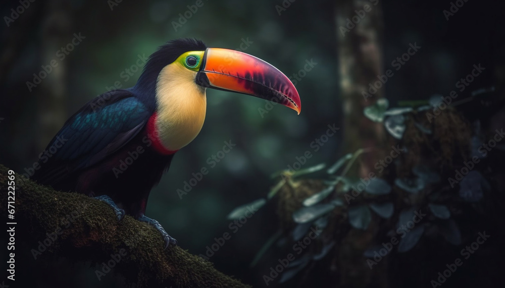 The vibrant toucan perches on a branch in the rainforest generated by AI The vibrant toucan perches on a branch in the rainforest generated by AI