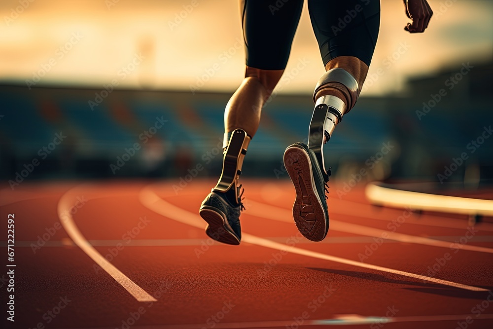 Fototapeta premium An athlete without legs running at the stadium of the Paralympic Games.