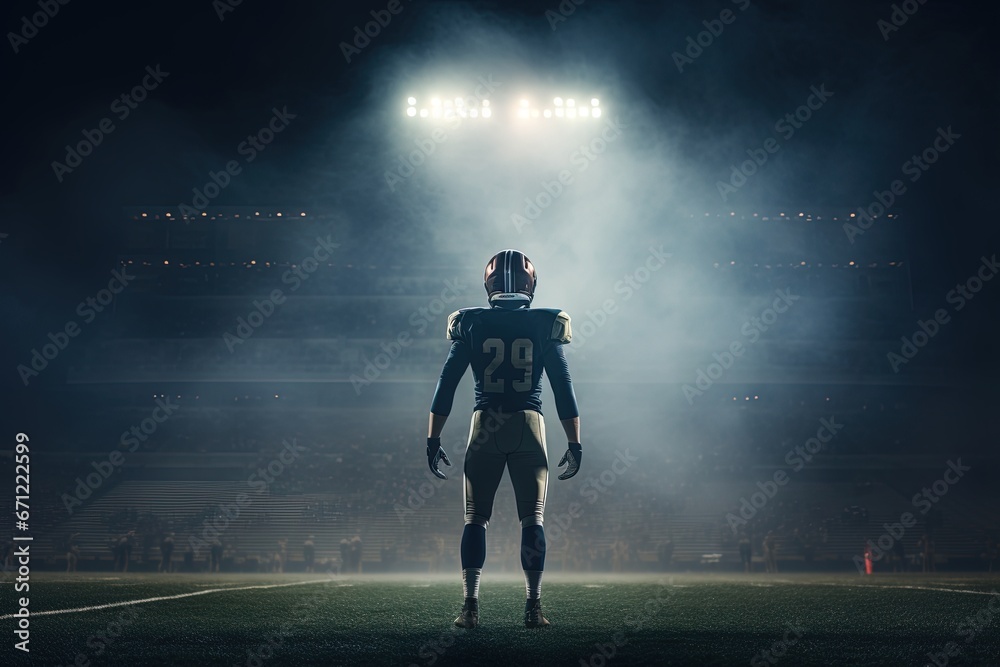 Fototapeta premium An American football player in the middle of a foggy stadium.