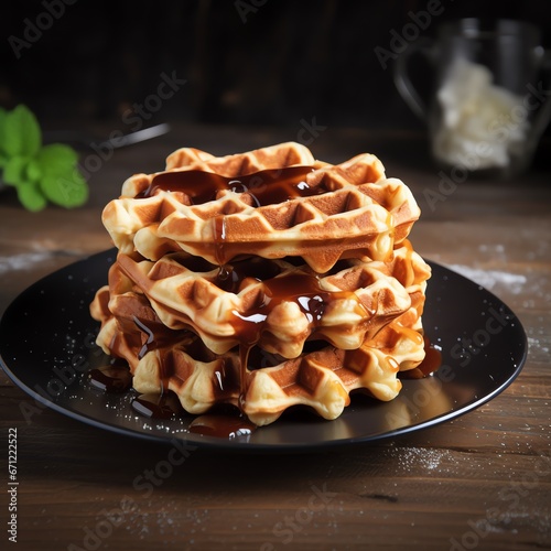 a stack of waffles on a black plate
