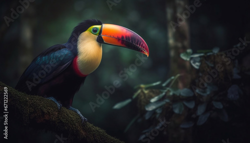 The vibrant toucan perches on a branch in the rainforest generated by AI