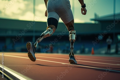 An athlete without legs running at the stadium of the Paralympic Games. © Bargais