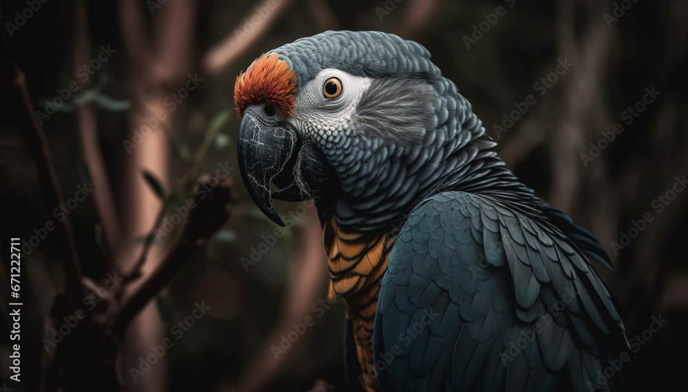 Fototapeta premium Vibrant macaw perching on branch, its beak and feather colorful generated by AI